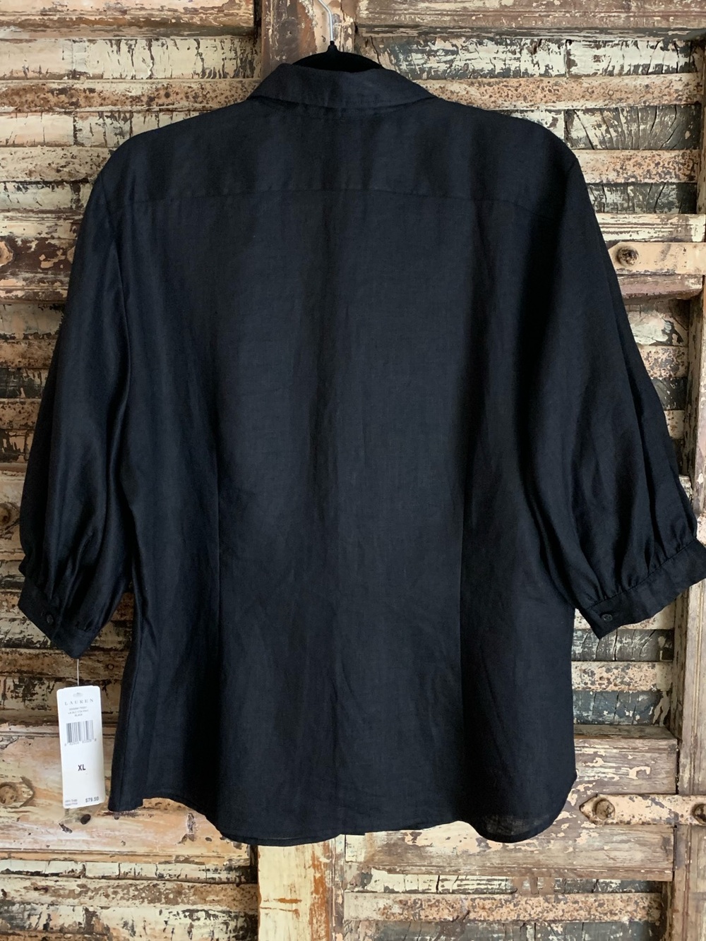 NWT Lauren Ralph Lauren Black 100% Linen Button-Up Blouse Gathered Sleeve, XL - Picture 3 of 9